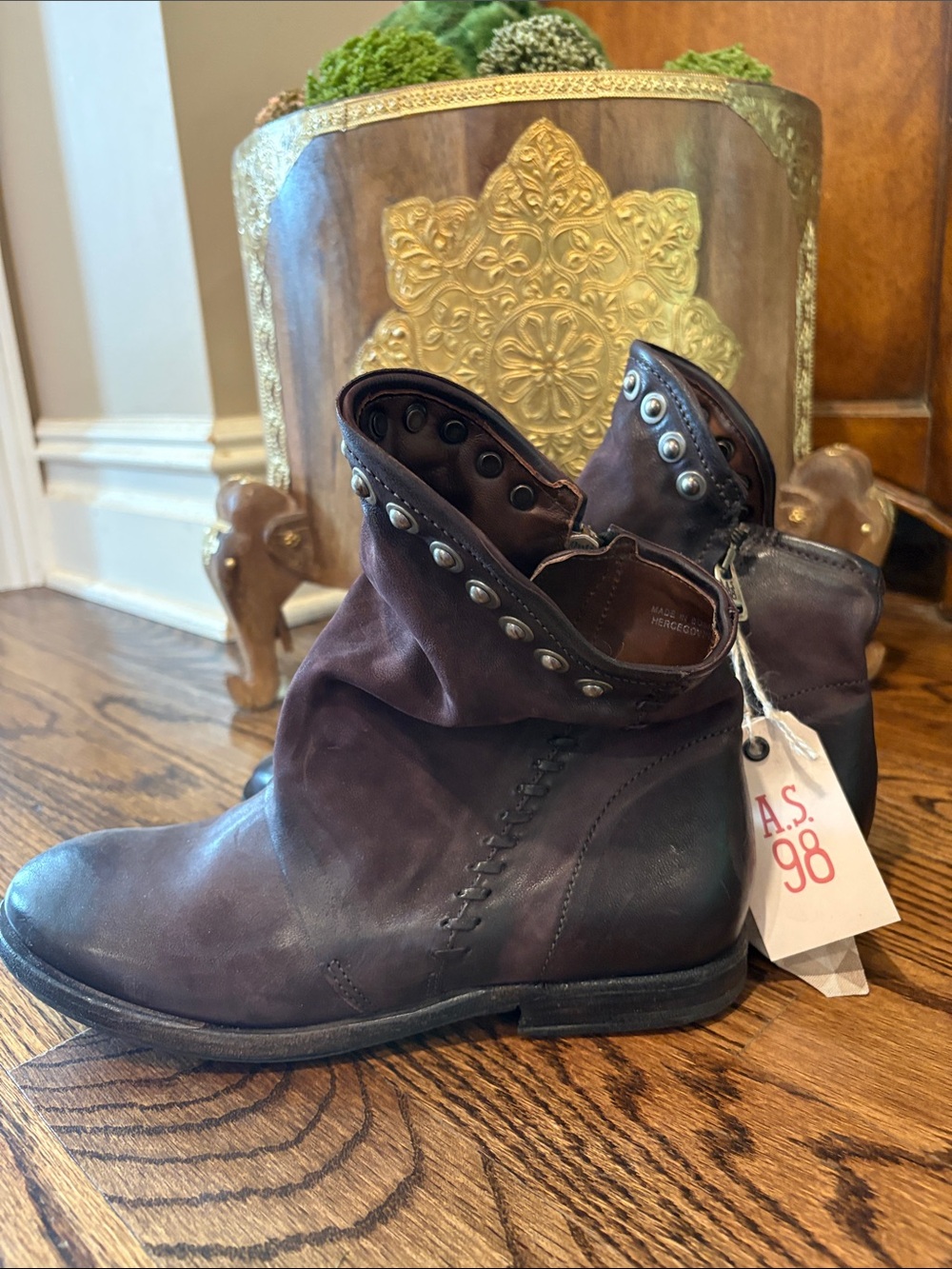 A.S.98 Dark Brown with Burgandy hint Leather Studded Ankle boot  NWT sz 39